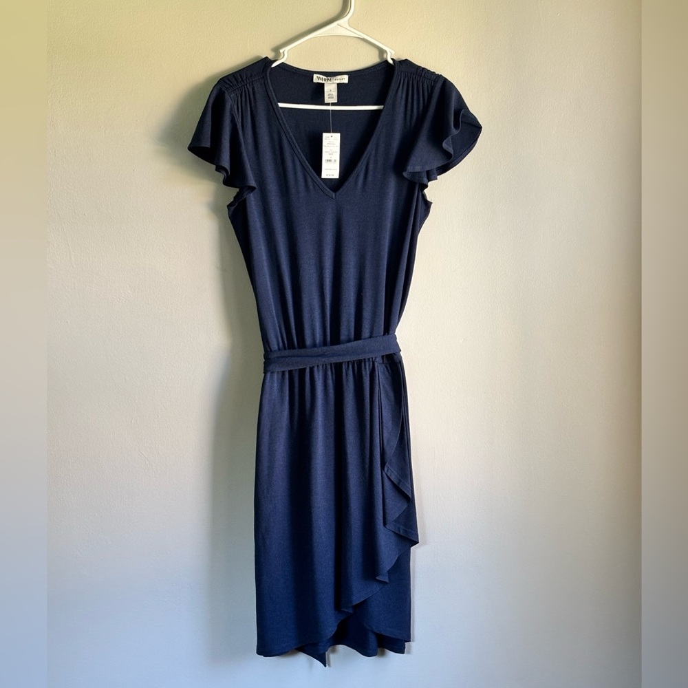 NWT WHBM Asymmetrical Flutter Sleeve Navy Mini Dress